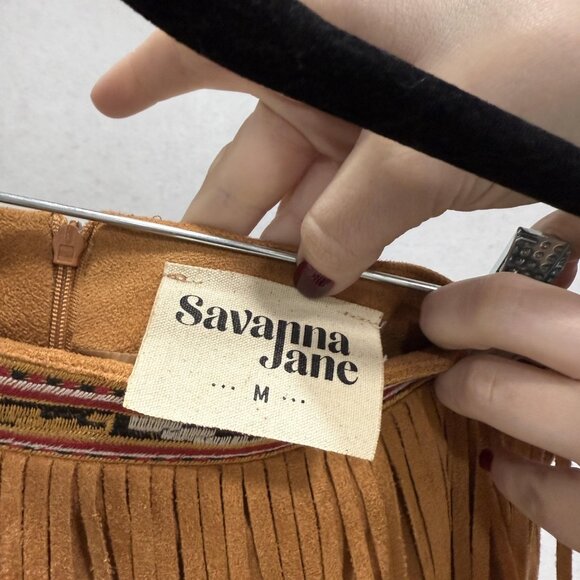 Savanna Jane Skirt Womens Medium Tan Faux Suede Fringe Southwestern Aztec Boho - Picture 5 of 8